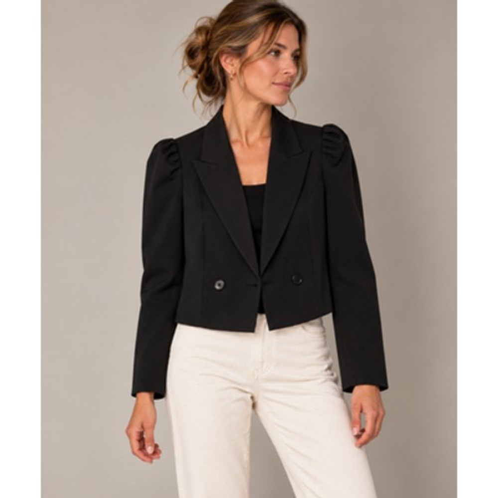 Express Cropped Blazer Womens XS Black Puff Shoulder Jacket Office Workwear